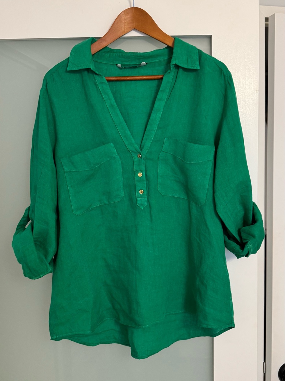 Zara Emerald Green Linen Blend Popover Blouse| Roll-Tab Sleeves